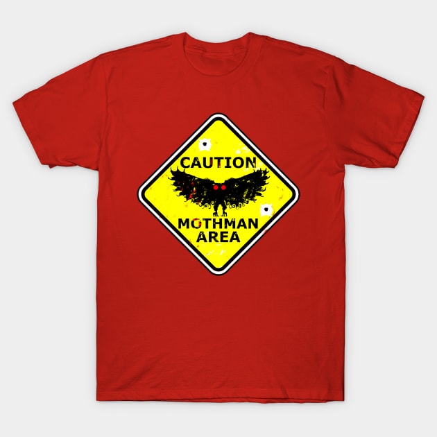 Caution Mothman Danger Sign Yellow Road Cryptid Funny T-Shirt by National Cryptid Society